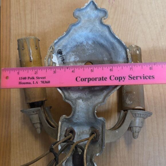 Set of 2 Art Deco Polychrome Aluminum Wall Sconces Double Candle 10" - Picture 12 of 13